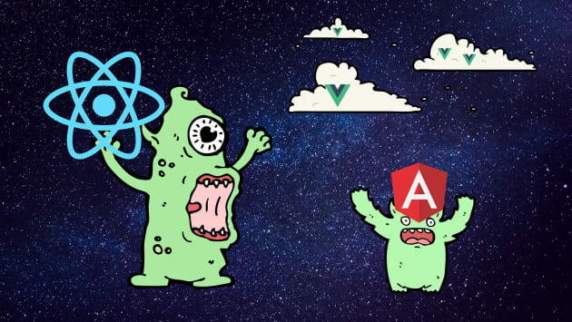 Monsters holds React and angular logo