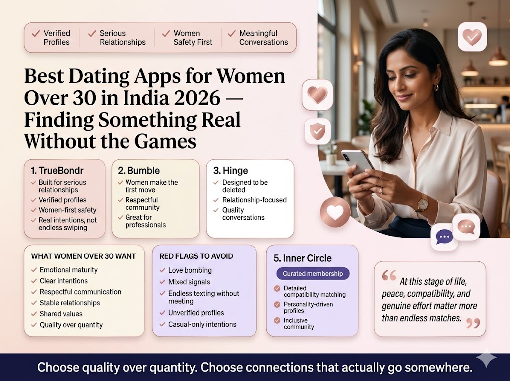 Best Dating Apps for Women Over 30 in India 2026 — No Games | TrueBondr Best Dating Apps for Women Over 30 in India 2026 — No Games | TrueBondr