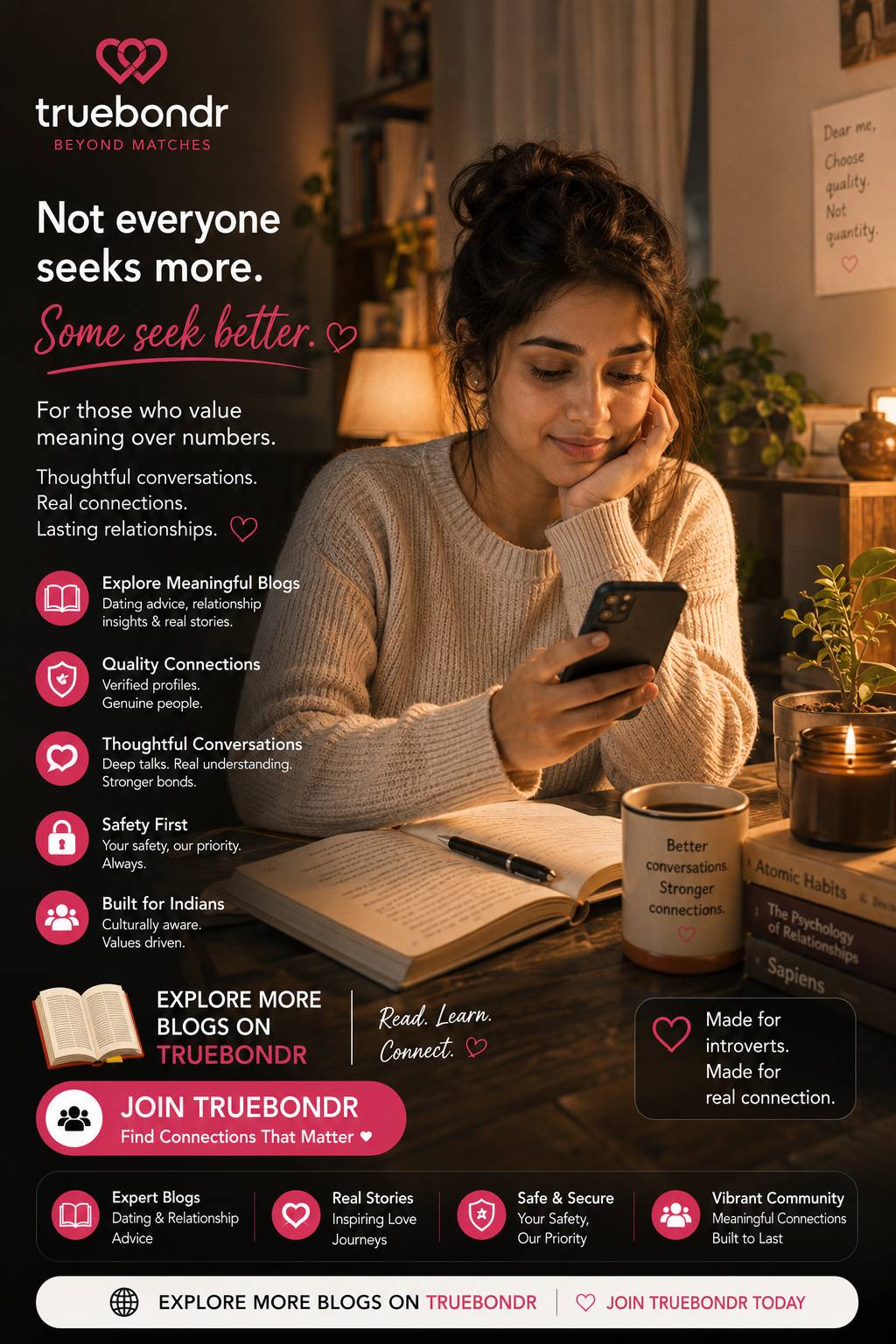 Dating App Conversation Tips for Introverted Indian Women — Go Deeper, Not Wider 2026 | TrueBondr Dating App Conversation Tips for Introverted Indian Women — Go Deeper, Not Wider 2026 | TrueBondr