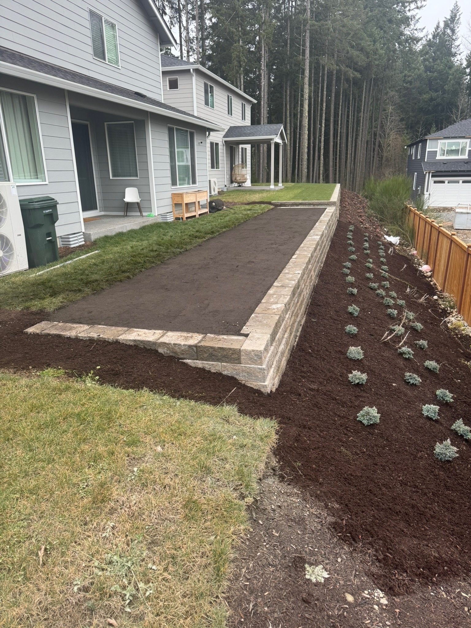 Landscaping by Todd's Nursery in Puyallup with patio, retaining wall, and shrubs