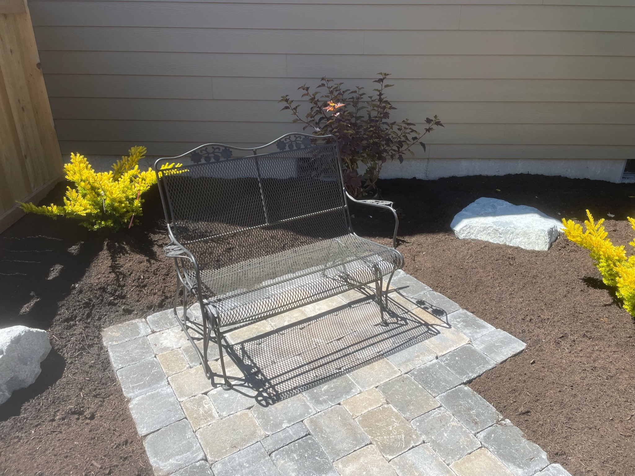 Patio with iron bench, yellow shrubs, and mulch by Todd's Nursery in Puyallup, WA