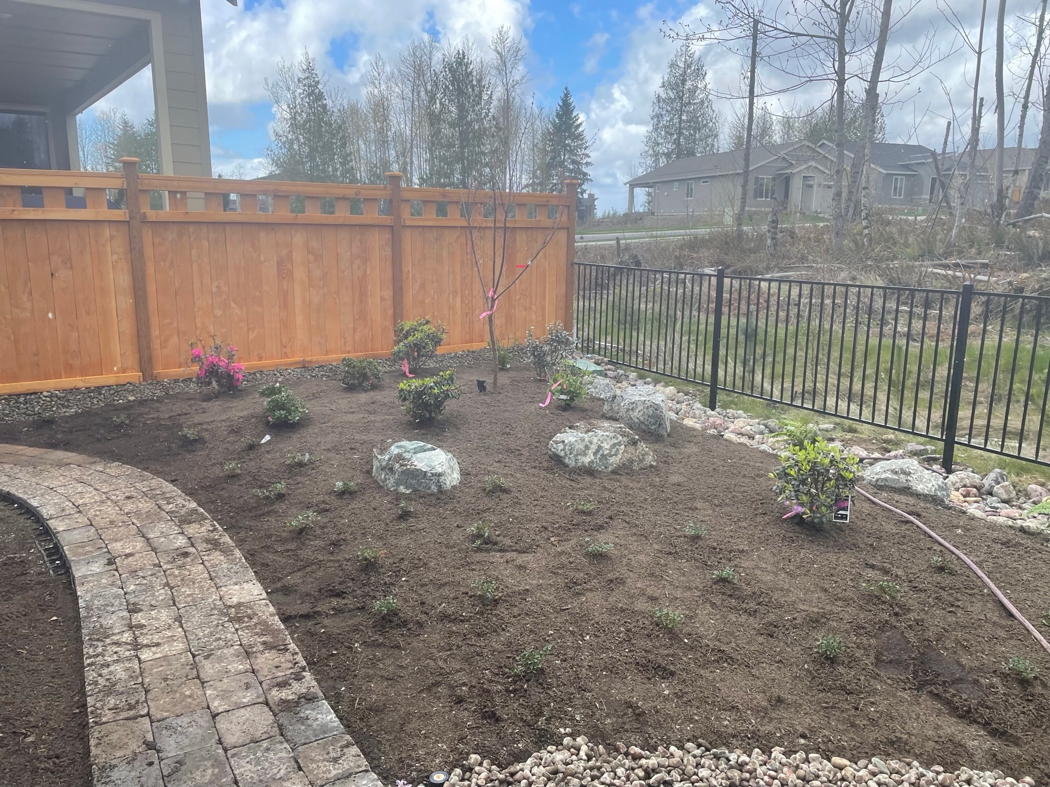 Garden transformation with brick path, azaleas, and rocks by Todd's Nursery in Puyallup, WA