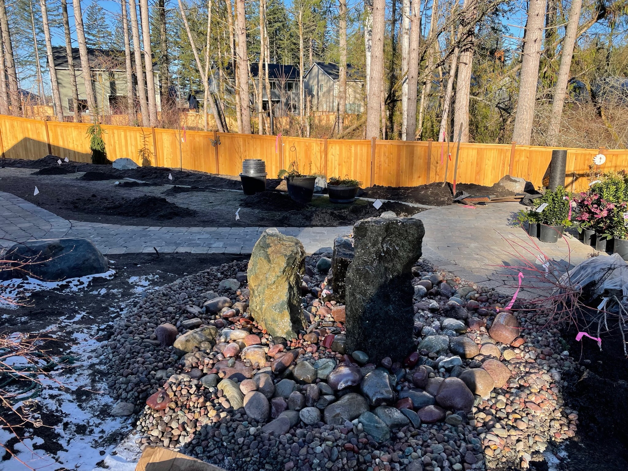 Todd's Nursery landscaping with patio, water feature, and plantings in Puyallup, WA
