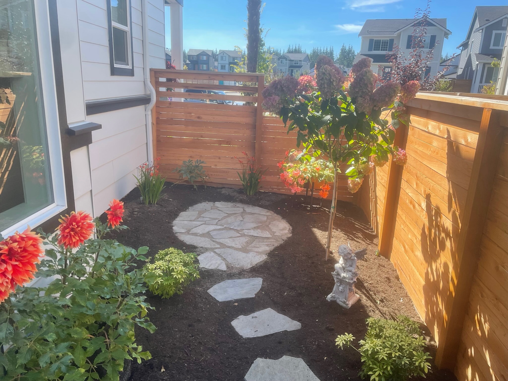 Garden with stone path, hydrangeas, and dahlias at Todd's Nursery in Puyallup, WA