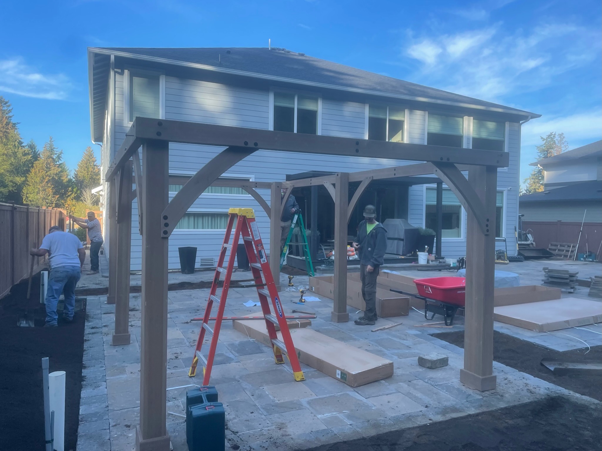 Construction of a patio with pergola at Todd's Nursery in Puyallup, WA