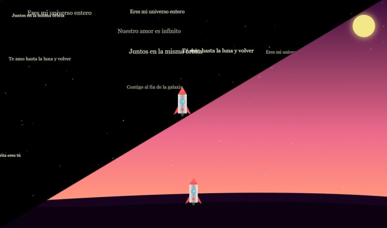 Plantilla HTML Cohete de Amor | Animación Canvas y Galaxia de Mensajes