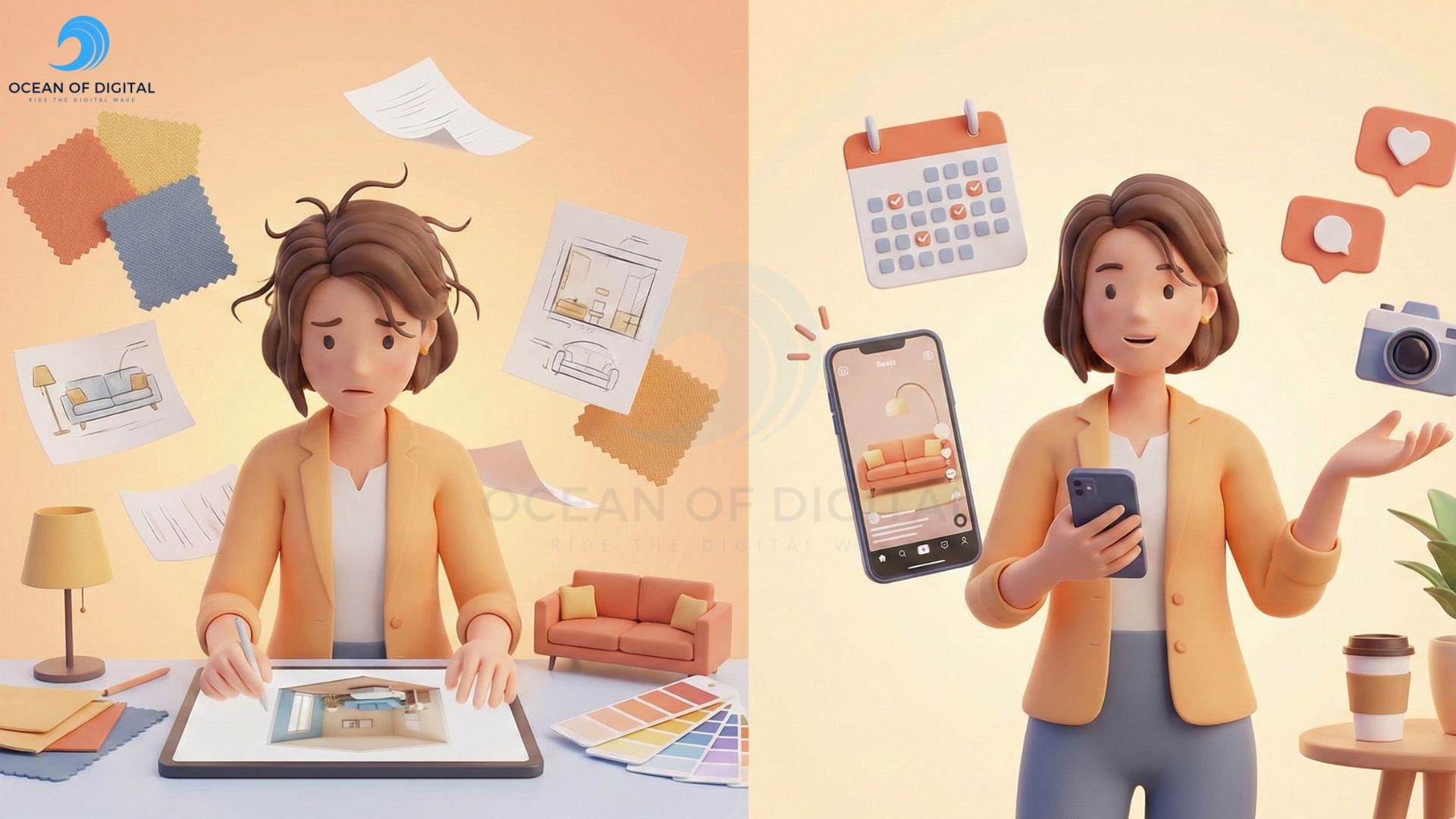 A designer balancing client work and marketing