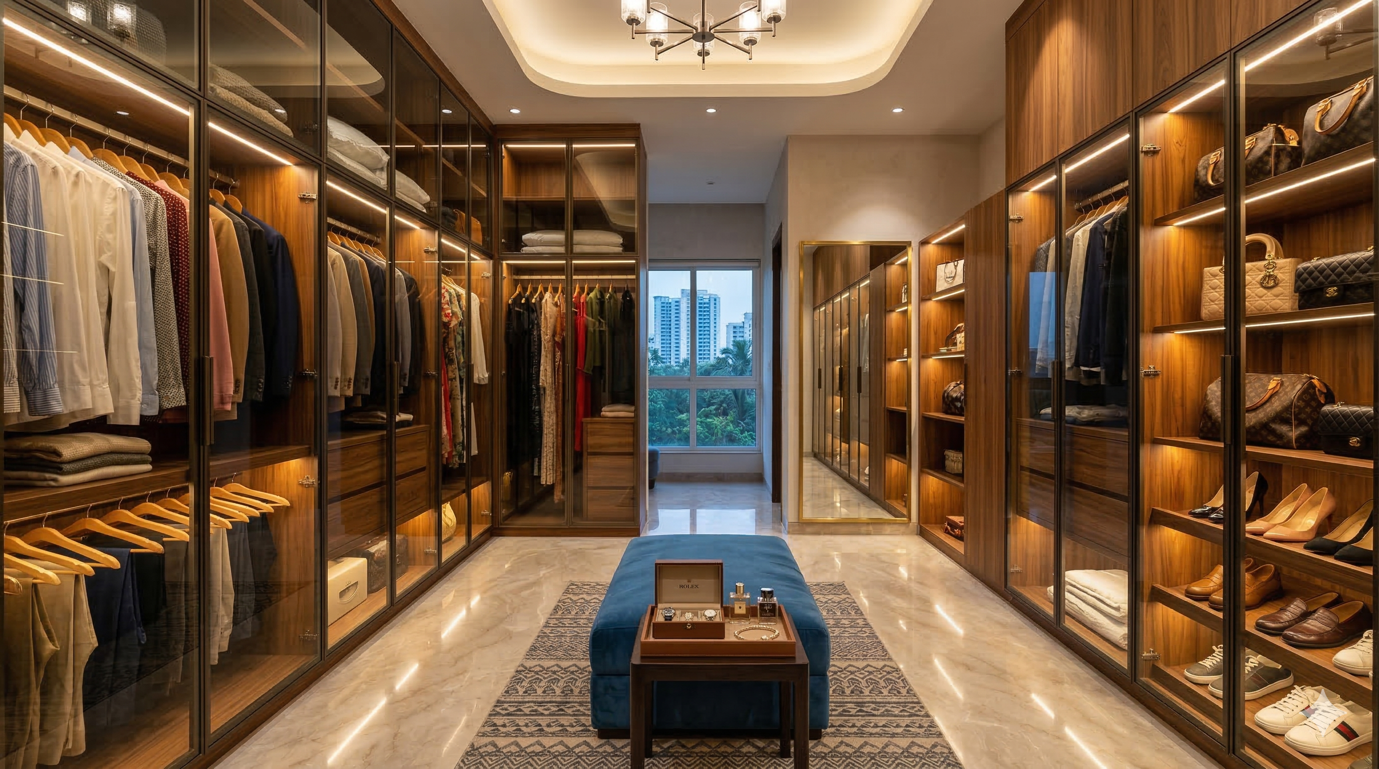A spacious walk-in wardrobe with custom shelving and lighting.