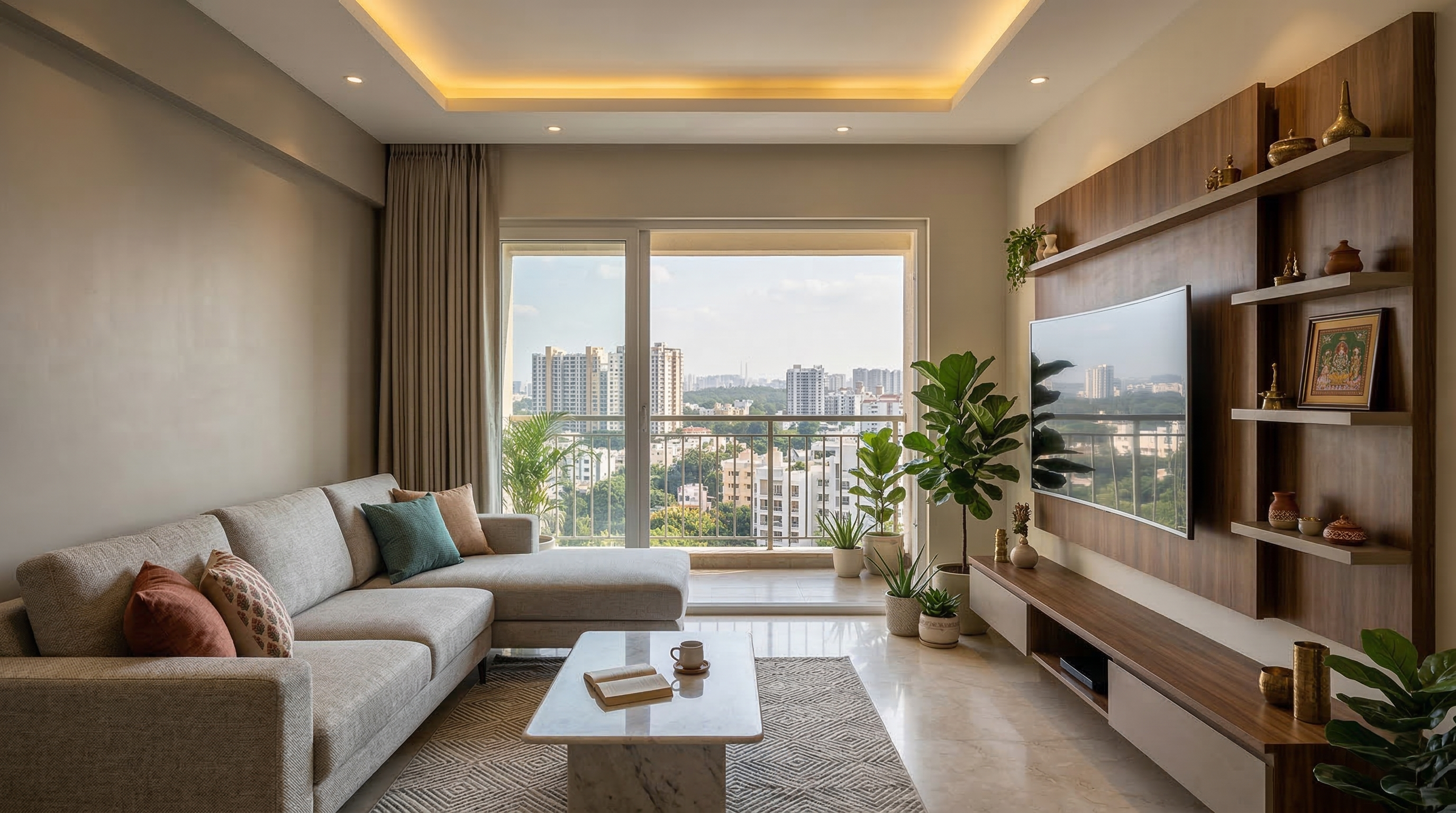 A luxurious living room with a large sofa and contemporary art.