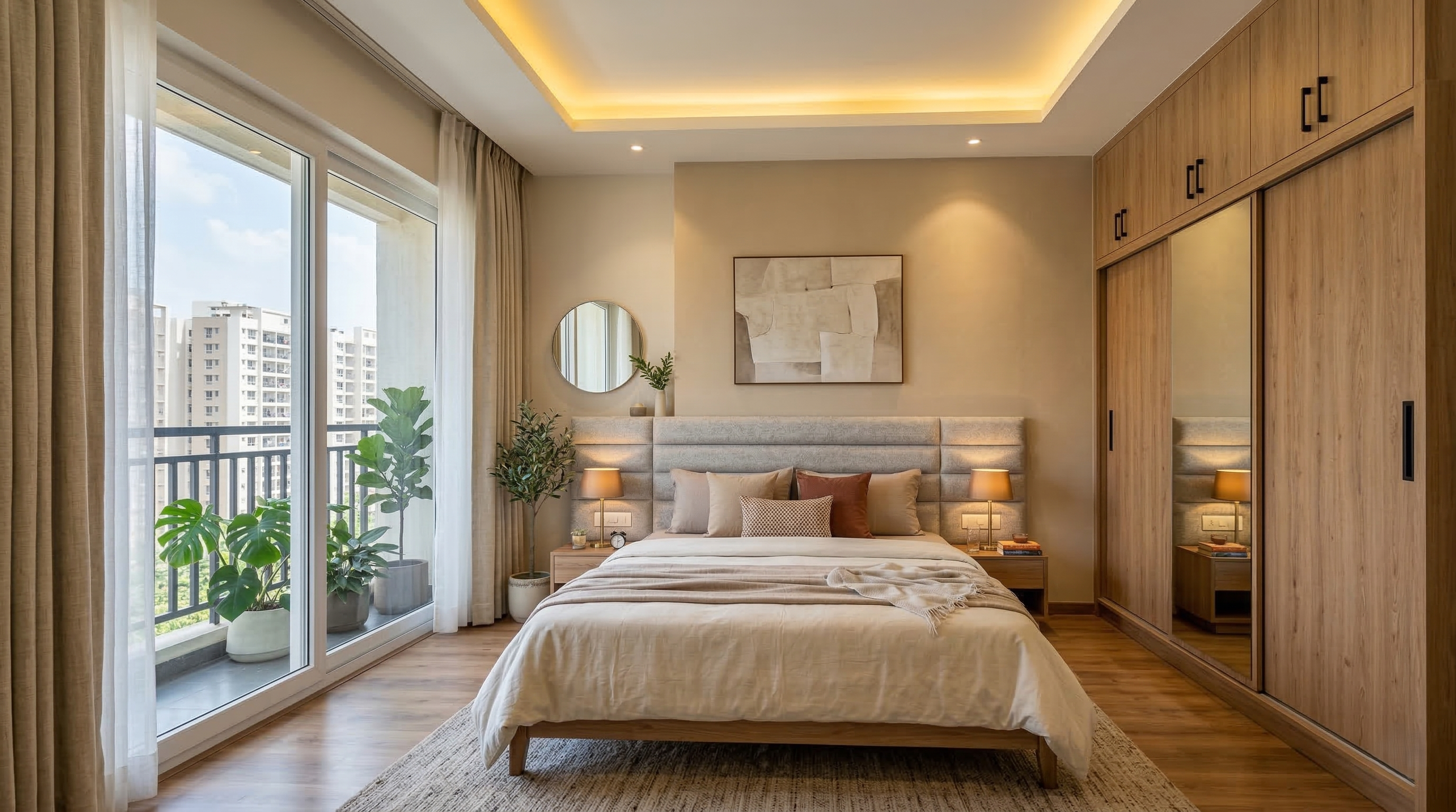 A serene bedroom with a plush bed and calming color palette.