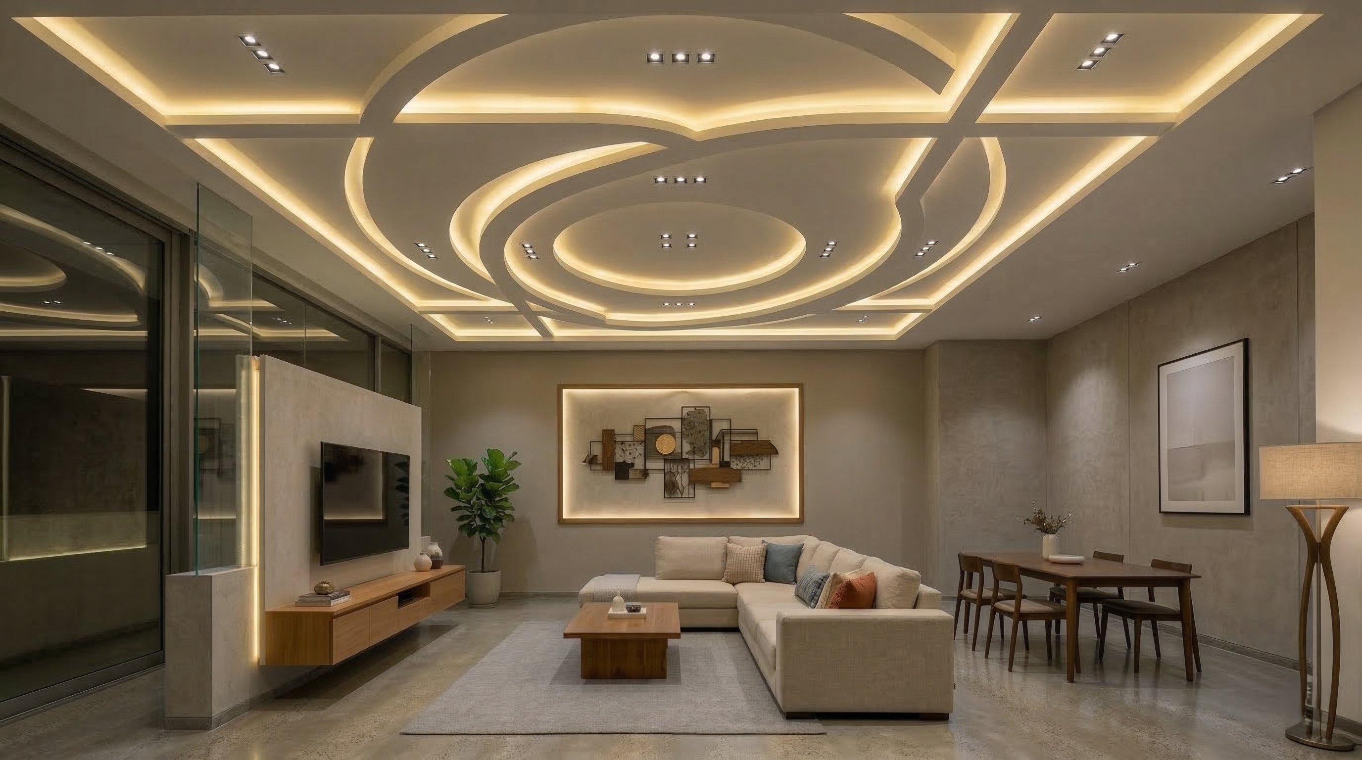 An elegant room featuring a false ceiling with intricate cove lighting.