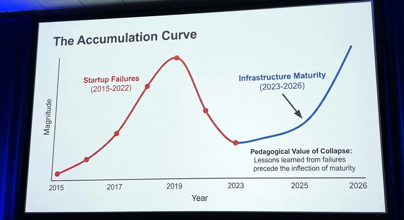 Line chart showing two curves: "Startup Failures" (2015-2022) and "Infrastructure Maturity" (2023-2026). The visual demonstrates how the first curve's peak precedes the second's inflection point, illustrating the pedagogical value of collapse.