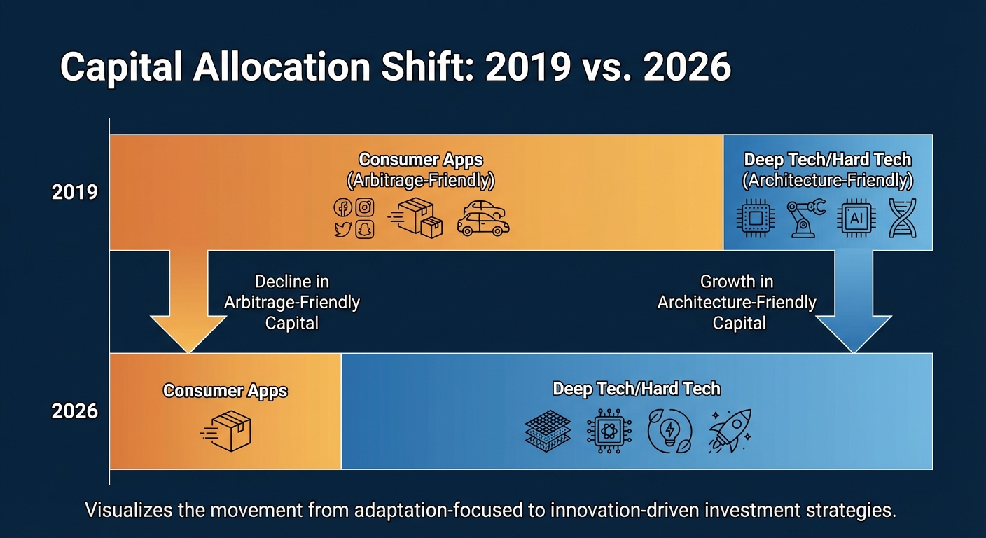 Split-bar comparison showing investment categories in 2019 vs. 2026: Consumer Apps vs. Deep Tech/Hard Tech. Visualizes the movement from arbitrage-friendly capital to architecture-friendly capital.