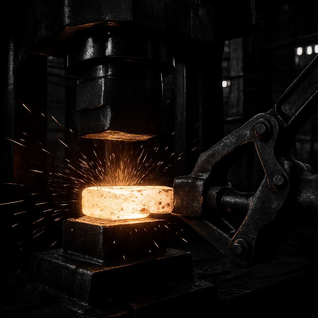 High-contrast photograph of industrial forging—glowing metal being shaped by precision machinery. Avoid generic "African tech" imagery of people staring at laptops. This establishes the metaphor of heat, pressure, and transformation.