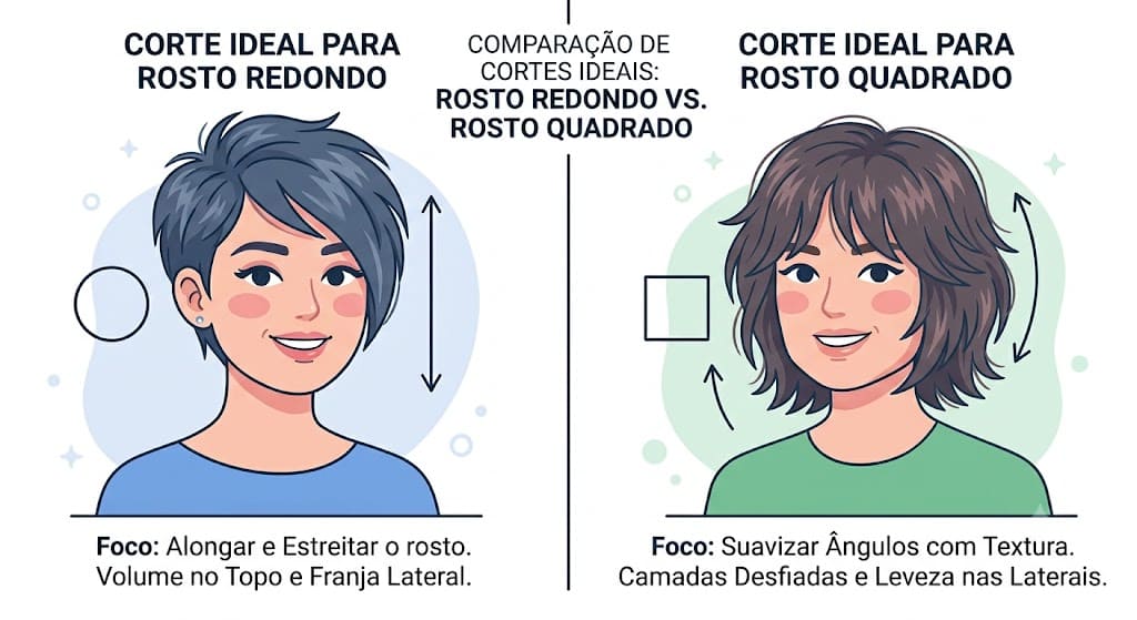 Comparação Corte de cabelo curto ideal para rosto redondo e para rosto quadrado