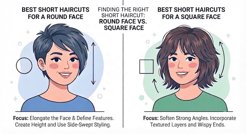 Short Haircuts for Women: The Ultimate Guide from Pixie to Bob 6 Infographic showing short haircut volume distribution for round face and square face shapes