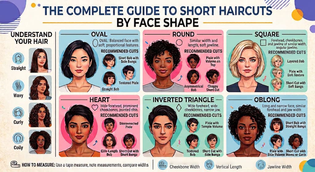How to Find Your Face Shape to Pick the Best Short Haircut 2 Illustrated comparison chart featuring 6 face shapes with recommended short haircuts for women
