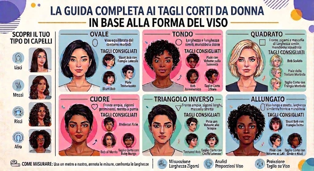 Confronto illustrato delle 6 forme del viso ed esempi di tagli corti femminili