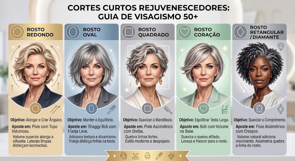 Cortes Curtos Rejuvenescedores: O Guia completo para Mulheres 50+ 2 Opções de cortes de cabelos curtos rejuvenescedores para cada formato de rosto 50+
