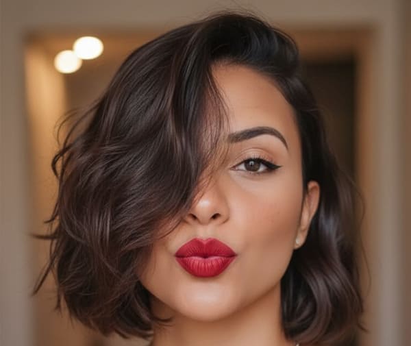 Mulher com cabelo curto em corte bob ondulado, franja lateral volumosa e batom vermelho.