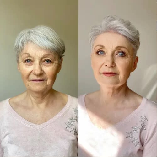 Renovação Radiante e Inspiradora nos cabelos curtos 1 Antes e depois cabelo curto feminino grisalho.