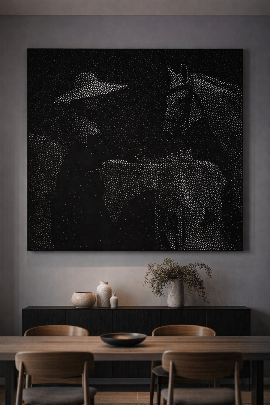 Le Rendez-vous — scène d'échecs en art pointilliste