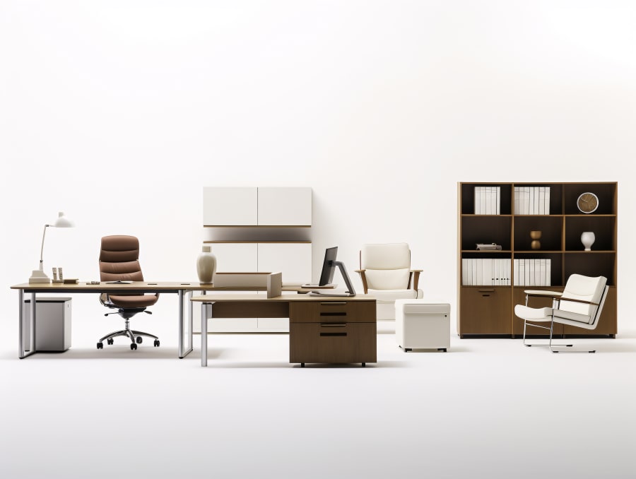 Origin Furniture desk, chair, and bookcase interior