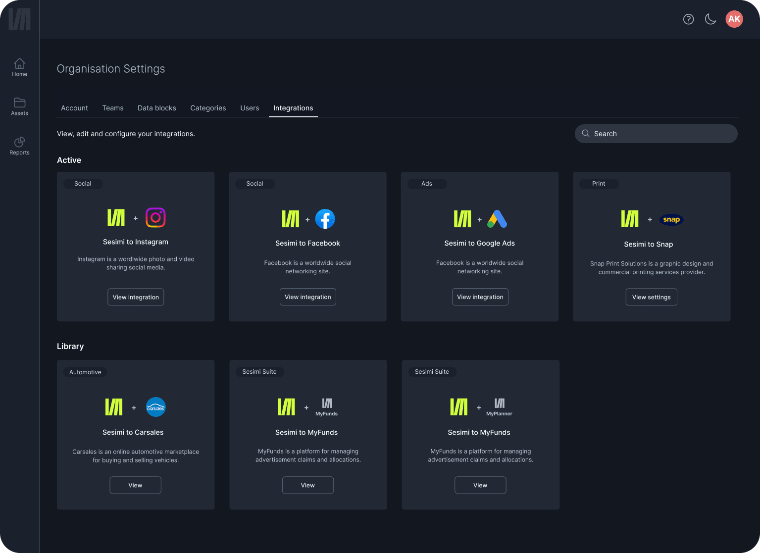 Integrations set-up and personal token management
