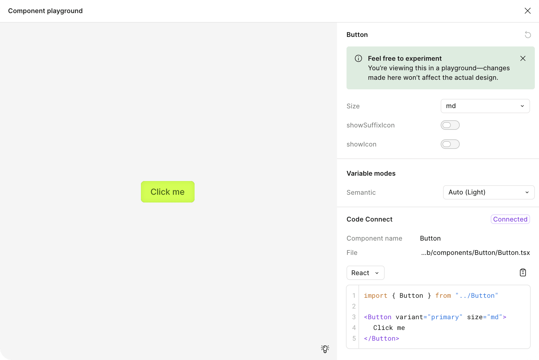 Code Connect snippet in the Figma playground