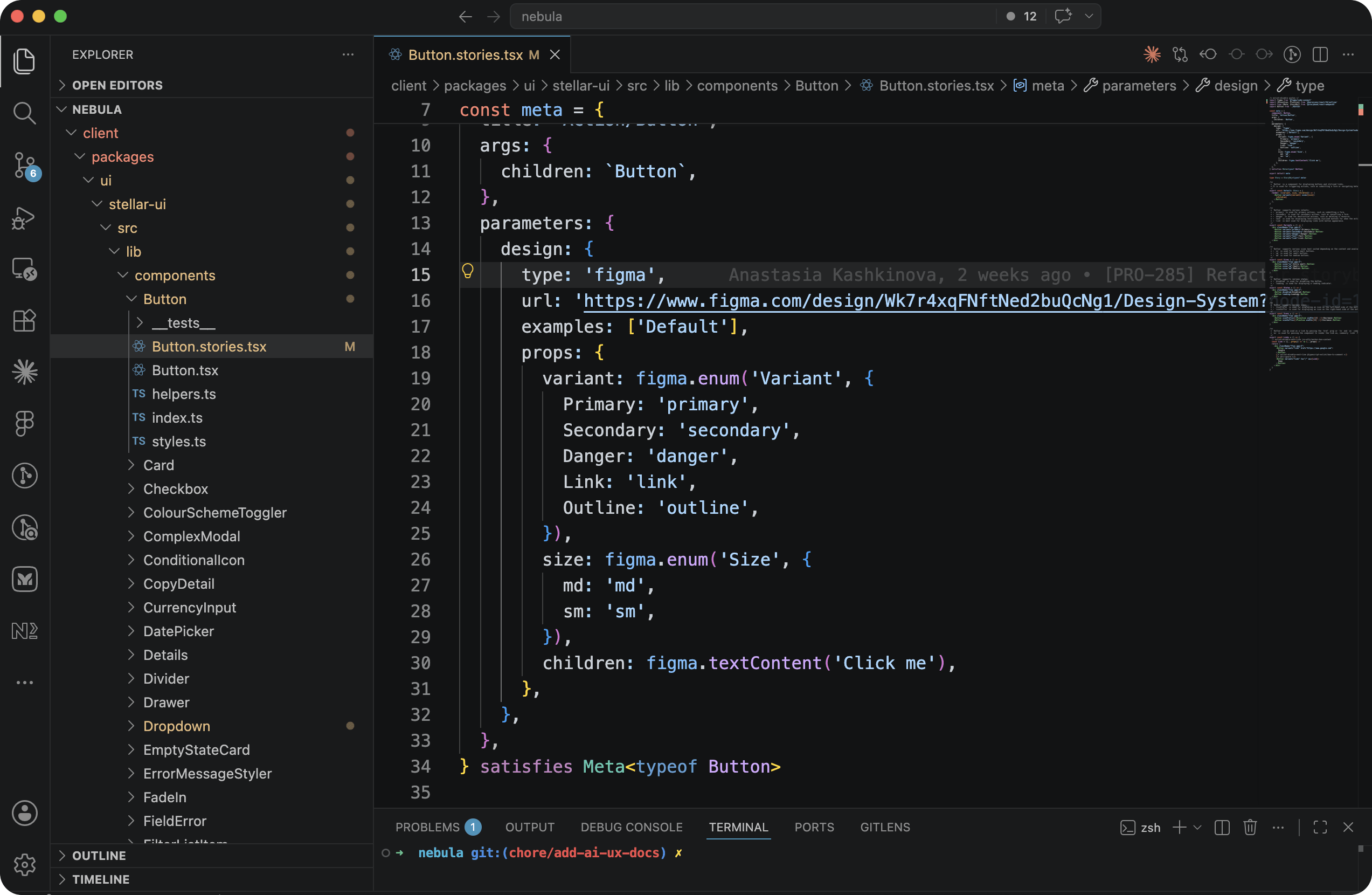 Code Connect config in the button .tsx file