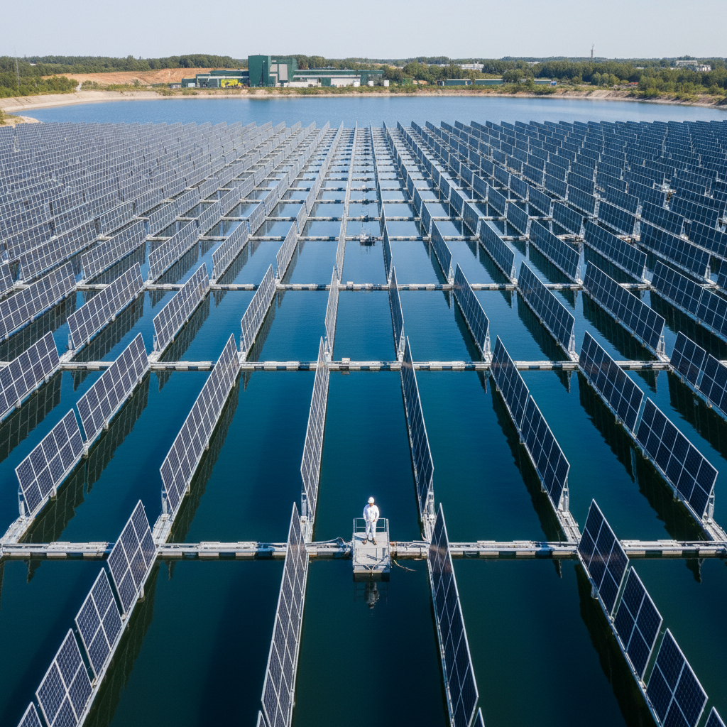 Parque solar con paneles solares verticales flotantes en lago artificial en Baviera