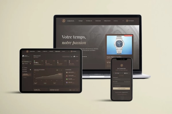 Mockup responsive Chronos montrant l'interface desktop et mobile de la marketplace de montres de luxe.