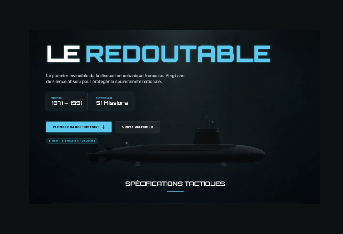Mockup de redesign Le Redoutable avec palette cyan et interface immersive pour la visite du sous-marin.