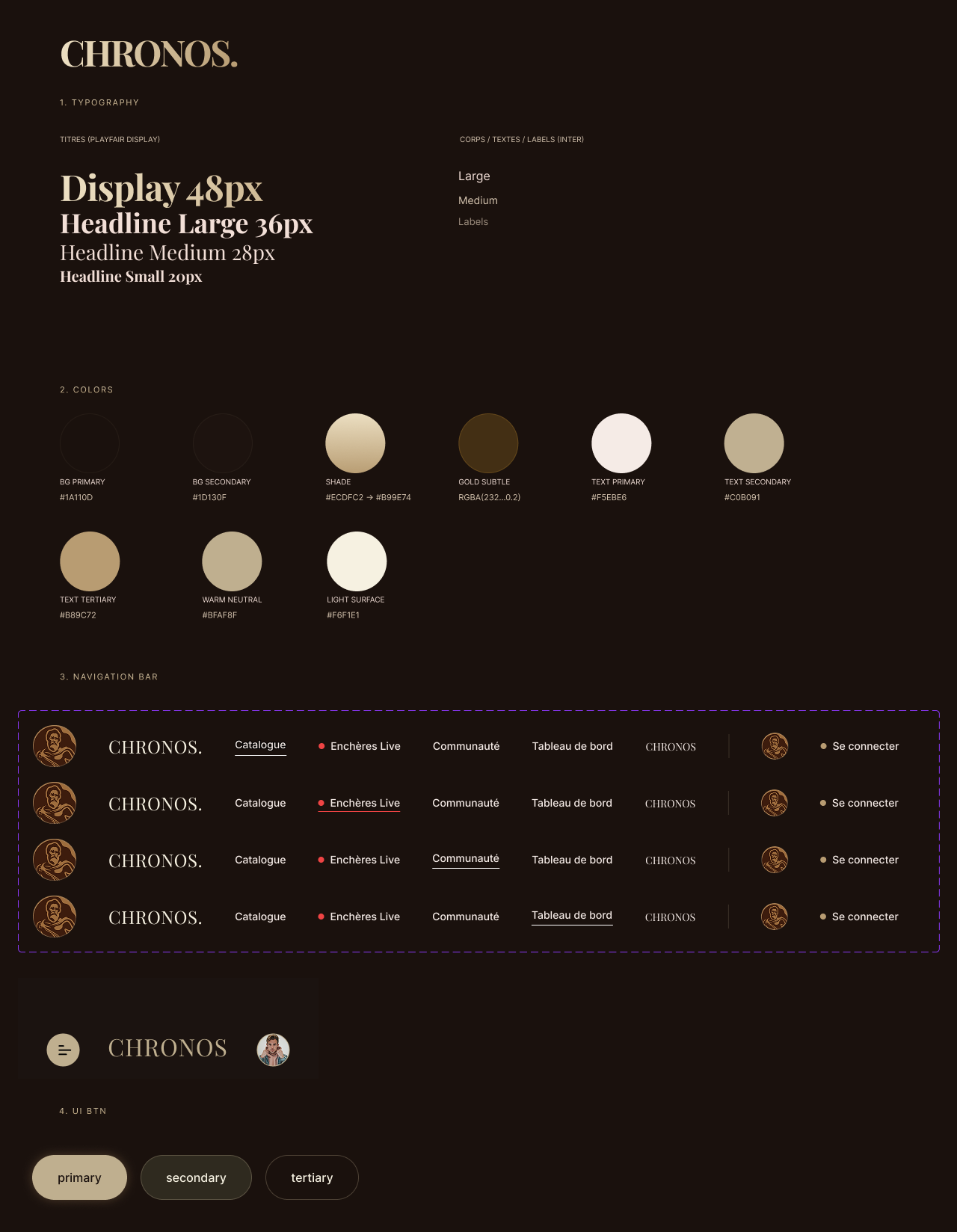 Design system Chronos présentant la palette, les composants et la direction graphique de la landing page.