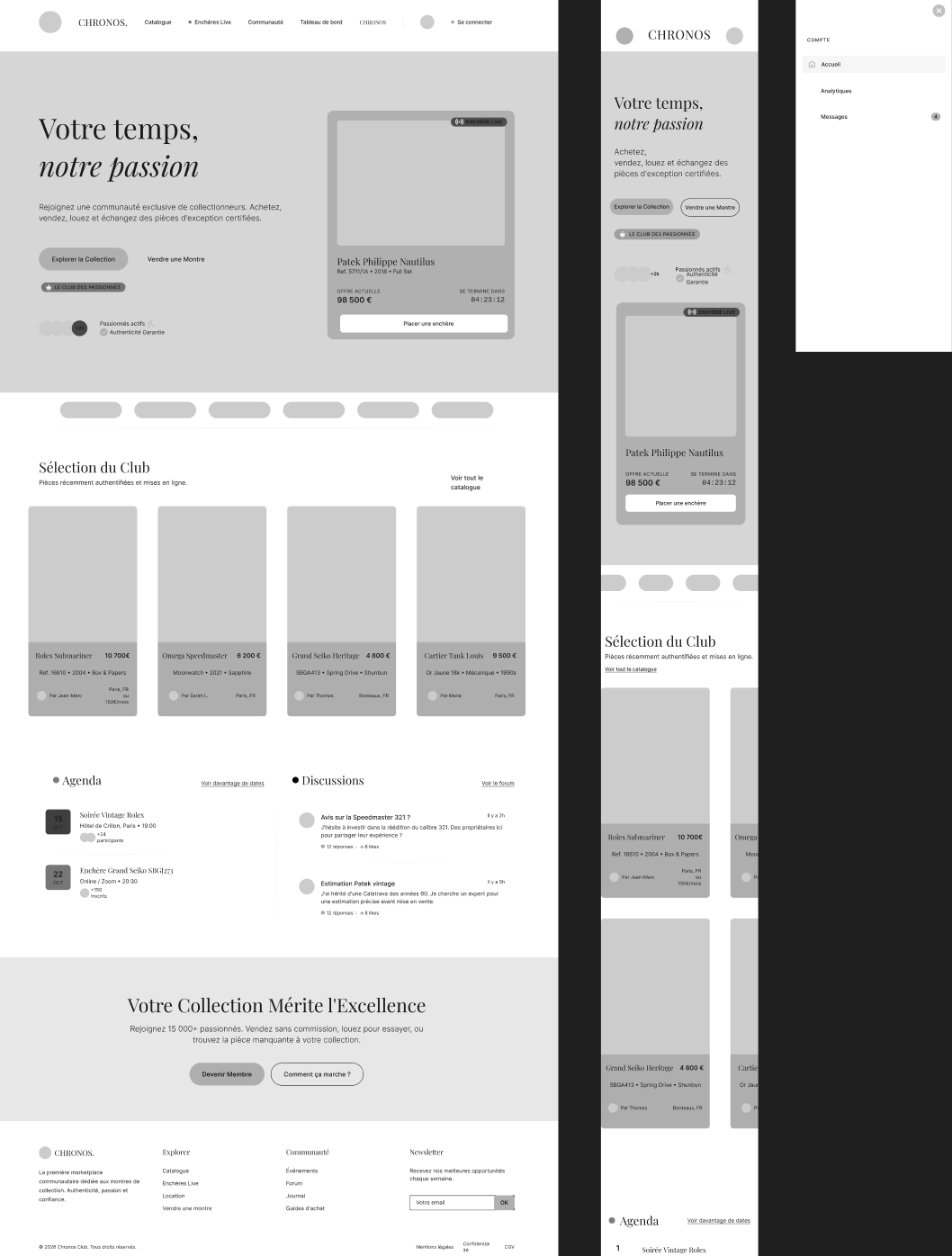 Wireframes Chronos présentant les premières structures d'écran et l'organisation des preuves avant l'interface finale.