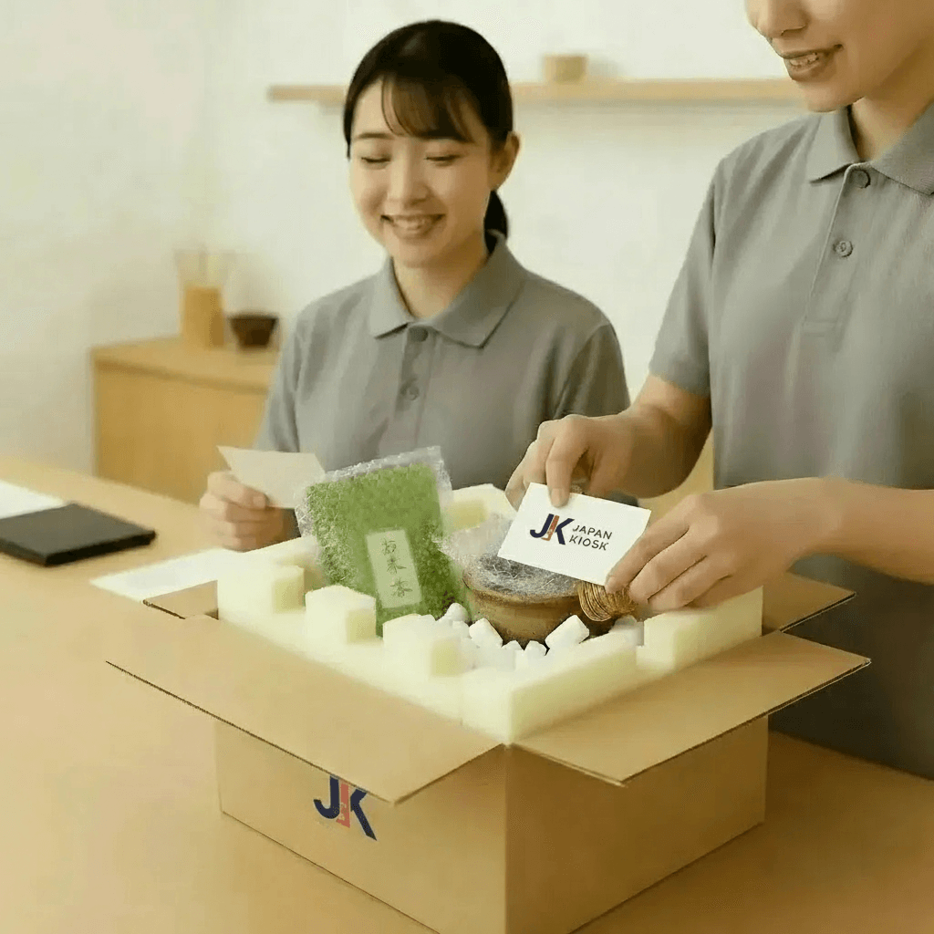 Careful hand-packed order with white gloves—service rooted in Japanese care and precision.