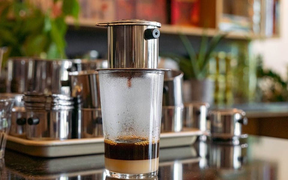 Phin-brewed Vietnamese coffee served over ice.