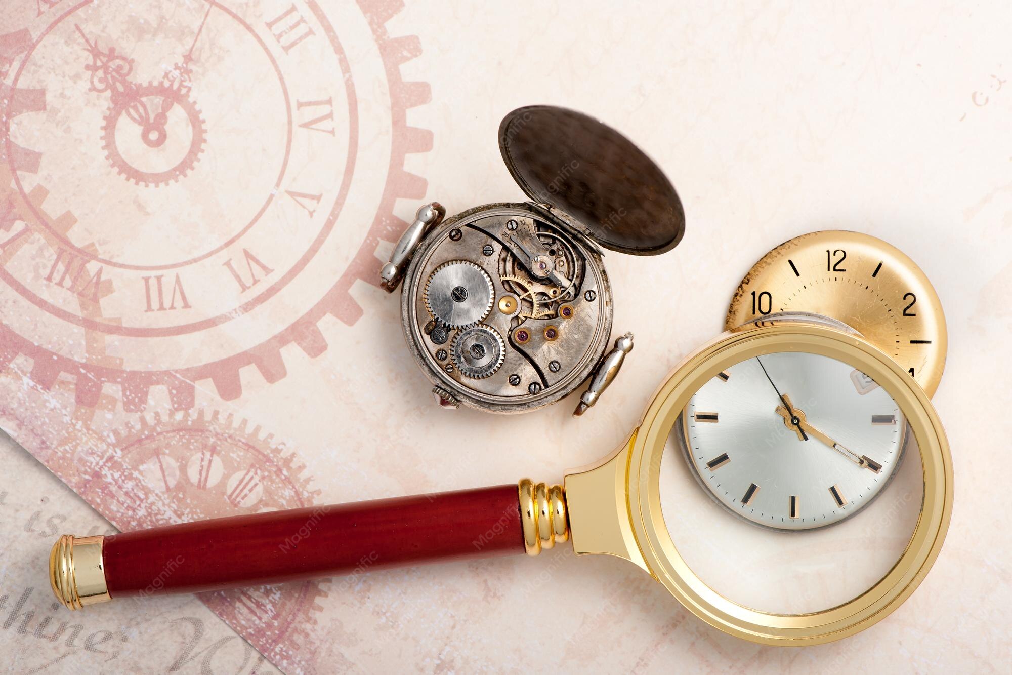 Vintage pocket watch mechanism and face magnified by a loupe, with antique clock gears and Roman numerals in background.