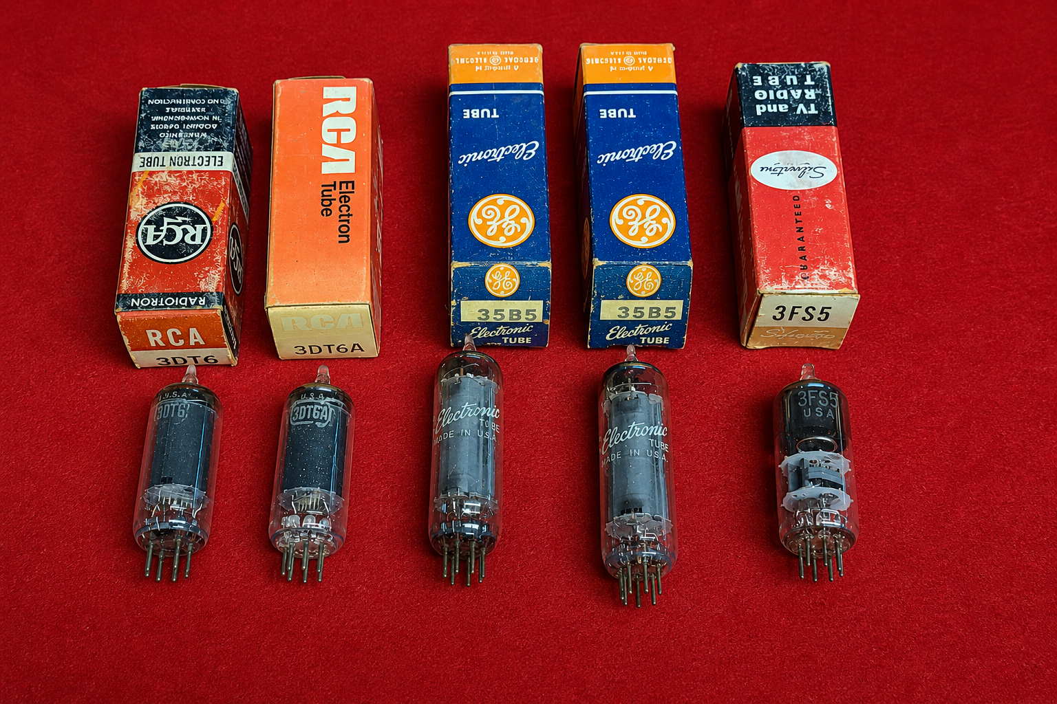 Vintage vacuum tubes and boxes from RCA, GE, and Sylvania, including 35Z5, 12AU7, and other electronic components for audio and radio repair.