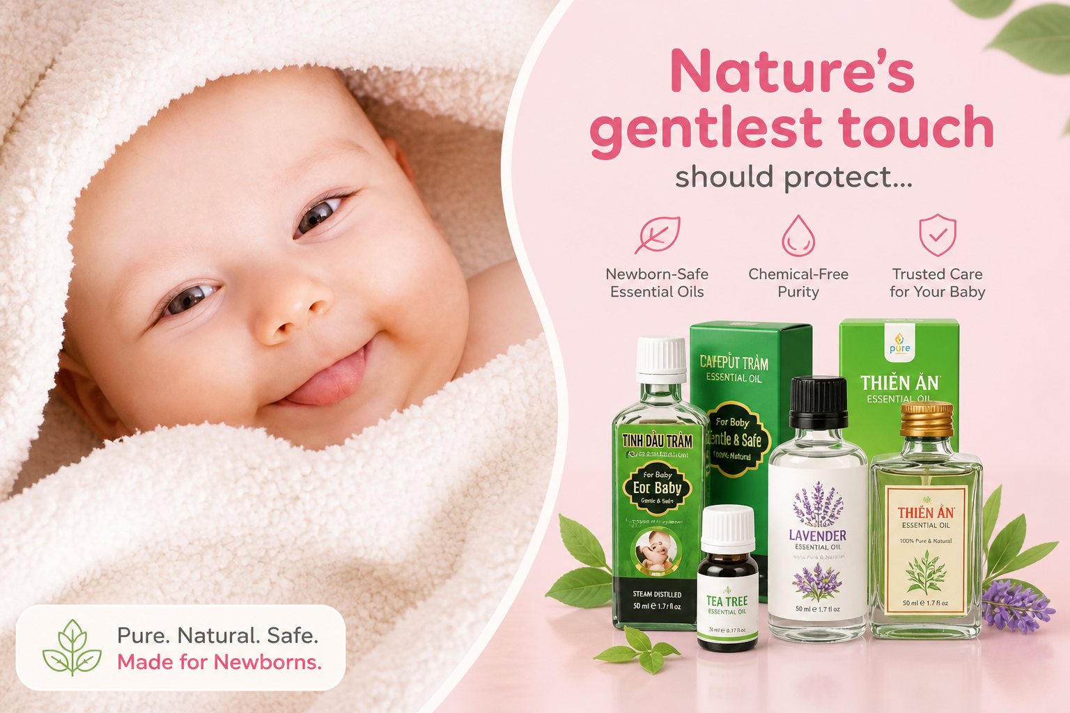Smiling newborn baby wrapped in a towel next to bottles of natural essential oils for babies. Nature's gentlest touch protects.