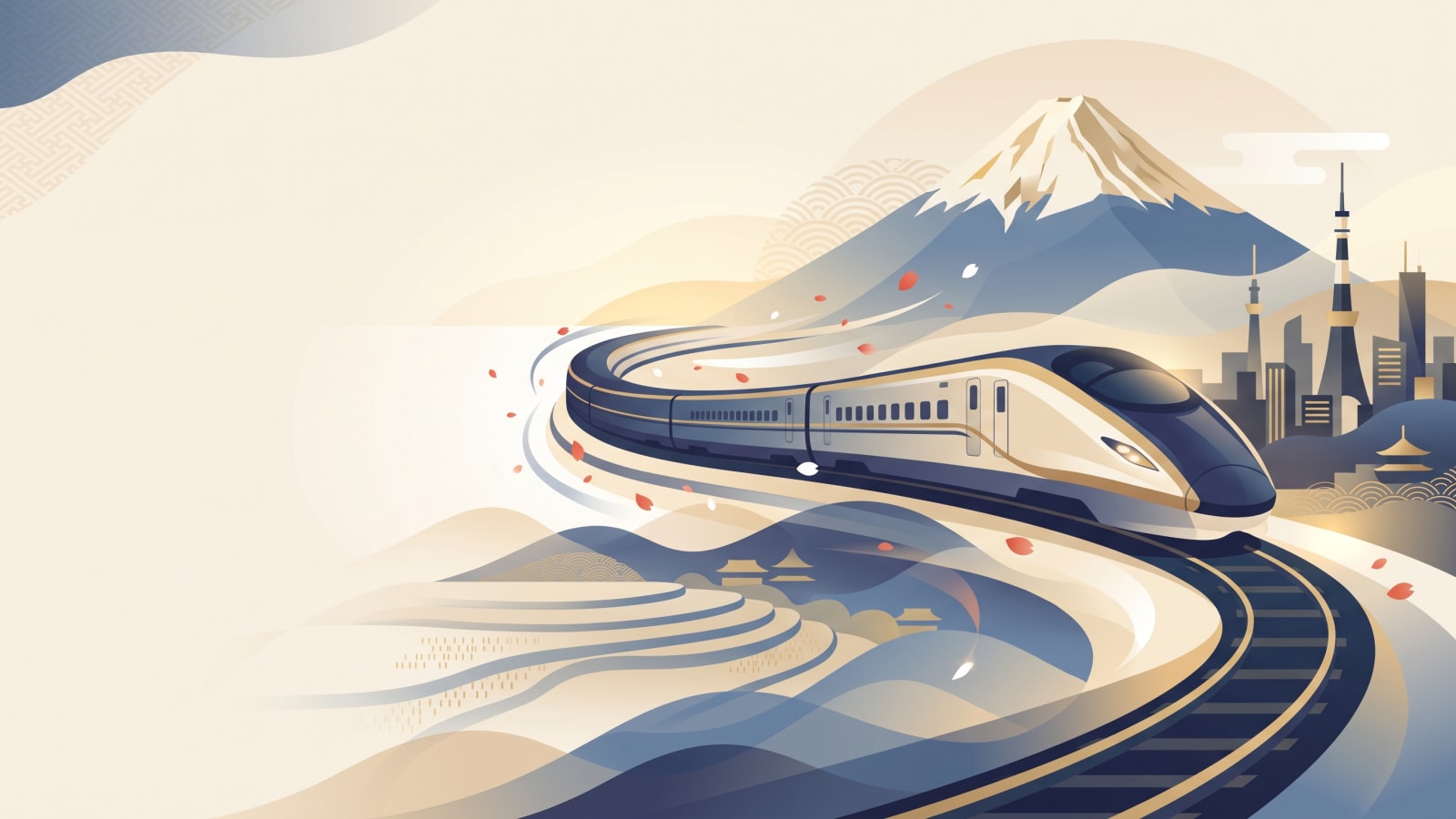 Shinkansen bullet train speeding through the Japanese countryside