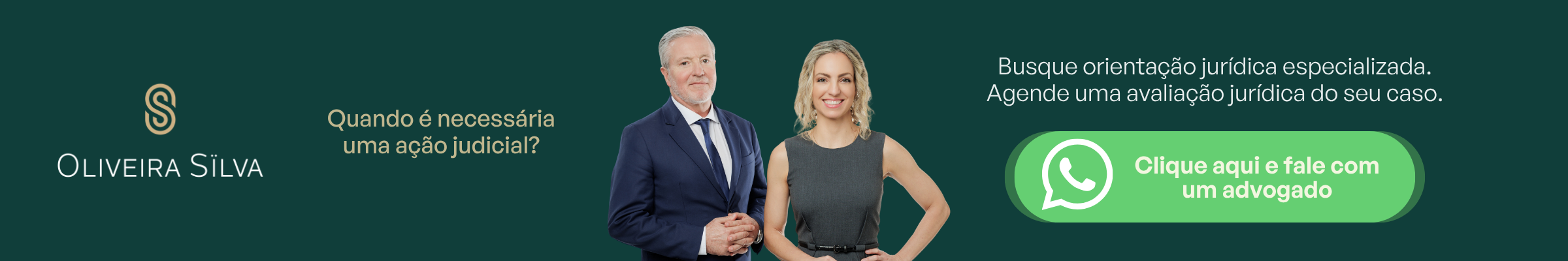 demissão-por-justa-causa-advogados-especializados- Banner do Escritório Oliveira Silva Advogados com os advogados Roberta de Oliveira Silva e Ricardo de Oliveira Silva. O texto pergunta quando é necessária uma ação judicial e convida os usuários a buscarem orientação jurídica especializada, com a opção de agendar uma consulta via WhatsApp.