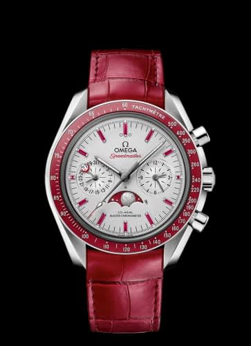 Omega Speedmaster Moonphase Chronograph Master Chronometer Platinum / Silver / Ruby