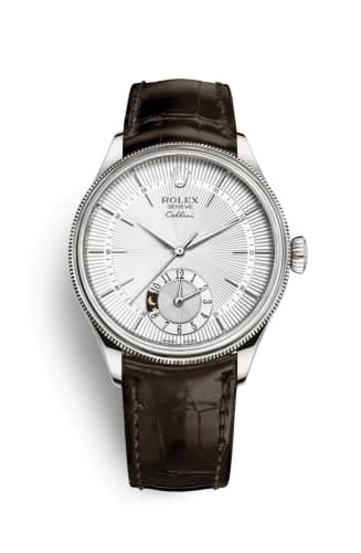 Rolex Cellini Dual Time White Gold / Silver / Alligator Brown