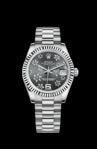 Rolex Datejust 31 White Gold Fluted / President / Dark Rhodium Floral