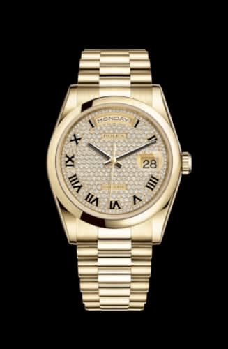 Rolex Day-Date 36 Yellow Gold Domed / President / Paved Roman