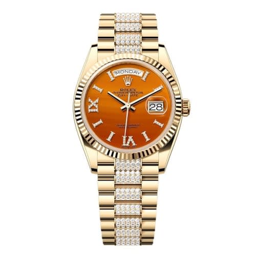 Rolex Day-Date 36 Yellow Gold - Fluted / Carnelian / President - Diamond