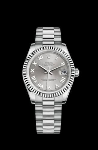 Rolex Datejust 31 White Gold Fluted / President / Rhodium Roman