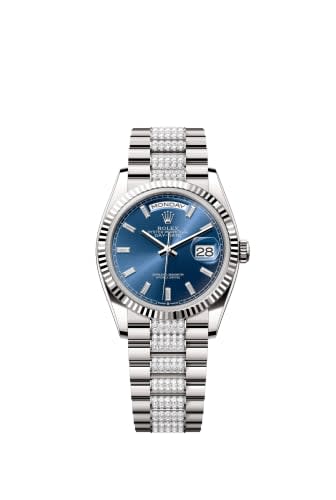 Rolex Day-Date 36 White Gold - Fluted / Bright Blue - Baguette / President - Diamond
