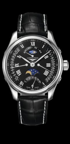 Longines Master Collection 44 Retrograde Moonphase Stainless Steel / Black-Roman / Alligator